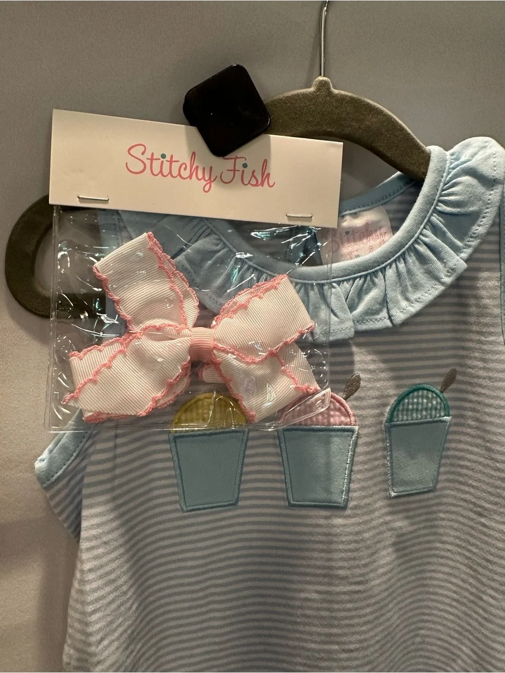 Infant Blue Striped Sleeveless Ruffle Collar Romper with Matching Bow